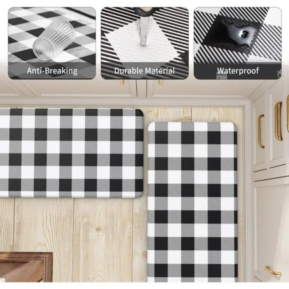 2Pcs Black White Farmhouse Kitchen Mats, Waterproof Anti Fatigue Non Slip Carpet